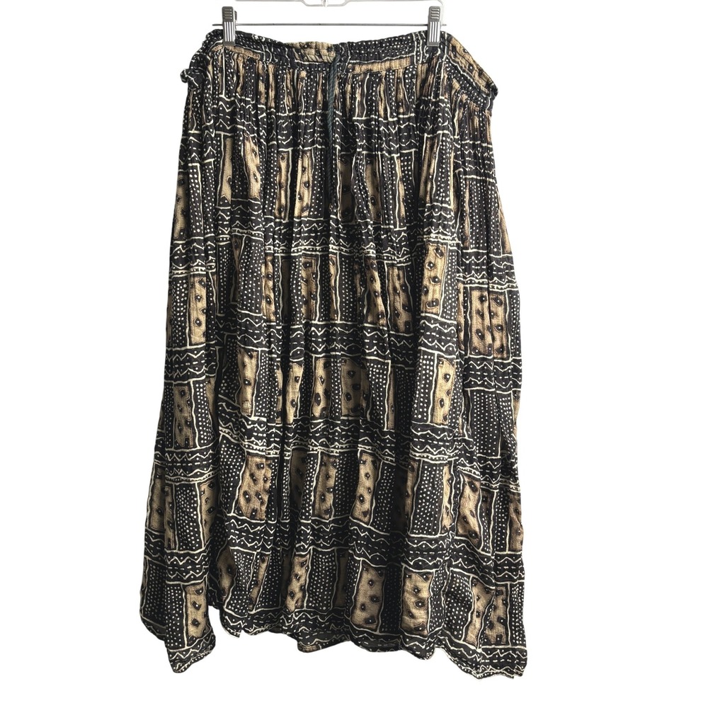VTG Just Class Black Tan Tribal Block Print Cotton‎ Gauze Maxi Skirt Tie Waist